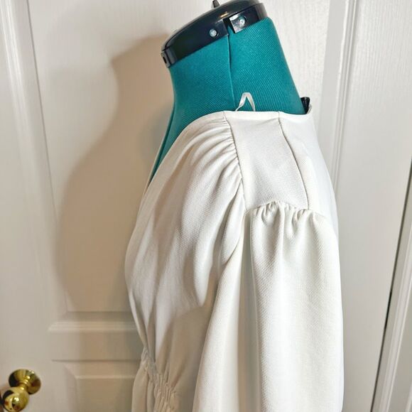 Zara Midi V Neck Button Down Front Smocked Polyester Textured Long Sleeve Dress - Picture 6 of 15